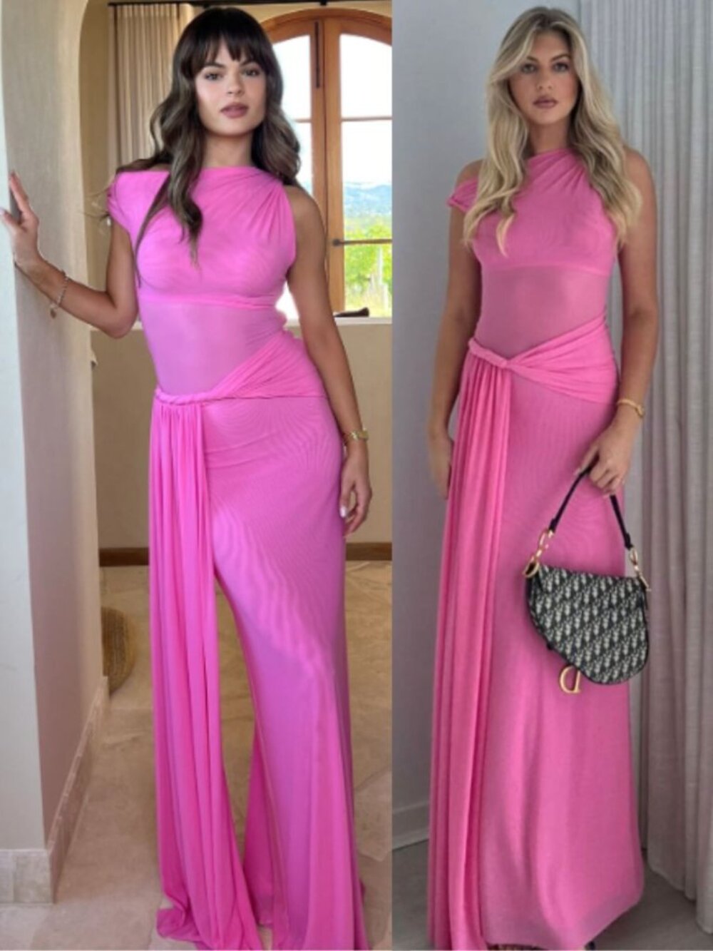 Misha Sisal Dress Orchard Pink Mesh One Shoulder Twisted Sheer Maxi Size S